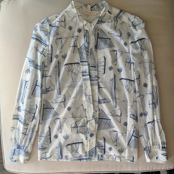 Tory Burch Tops - Tory Burch Kia Tie Neck Sailboat Print Blouse Like New Cream Blue Size 4